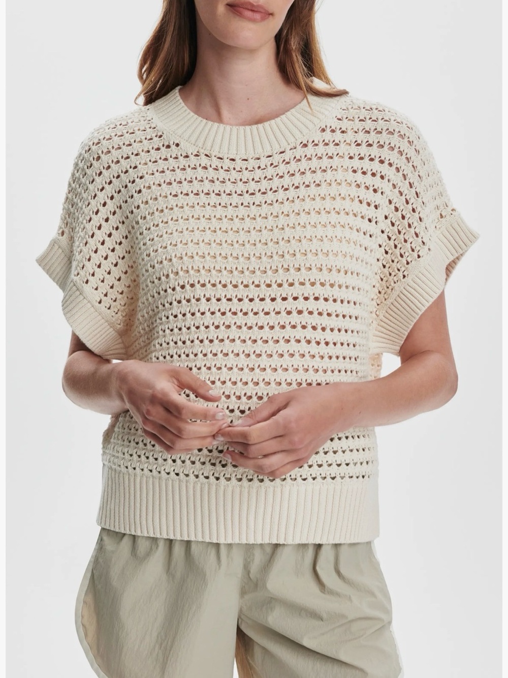 Varley Cream Open-Weave Crewneck Sweater